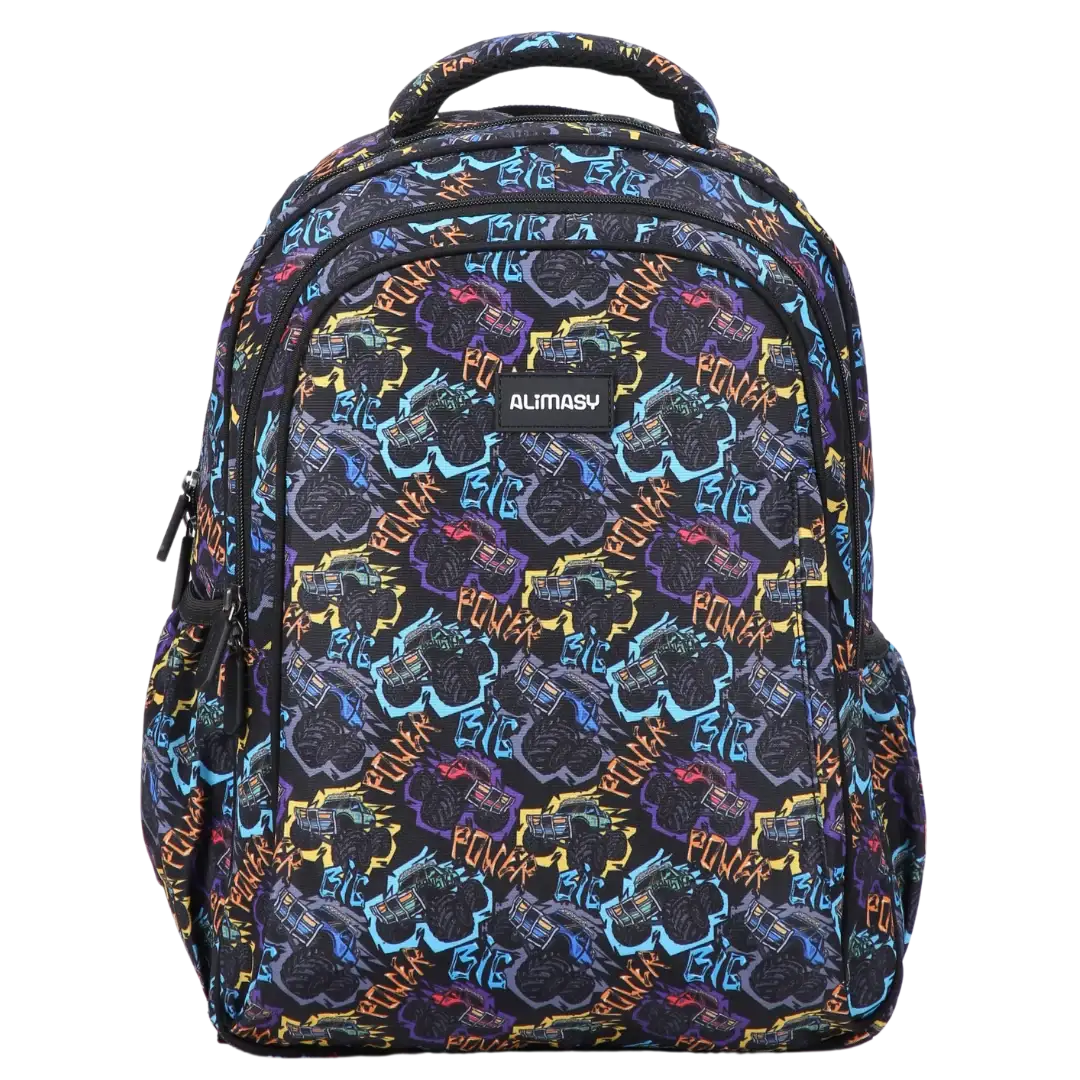 Kids School Backpack with Monster Truck Print, Two Large Compartments, Water-Resistant 600D Polyester and Padded Comfort
