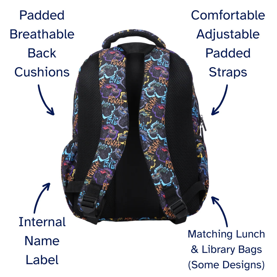 Kids School Backpack with Monster Truck Print, Two Large Compartments, Water-Resistant 600D Polyester and Padded Comfort