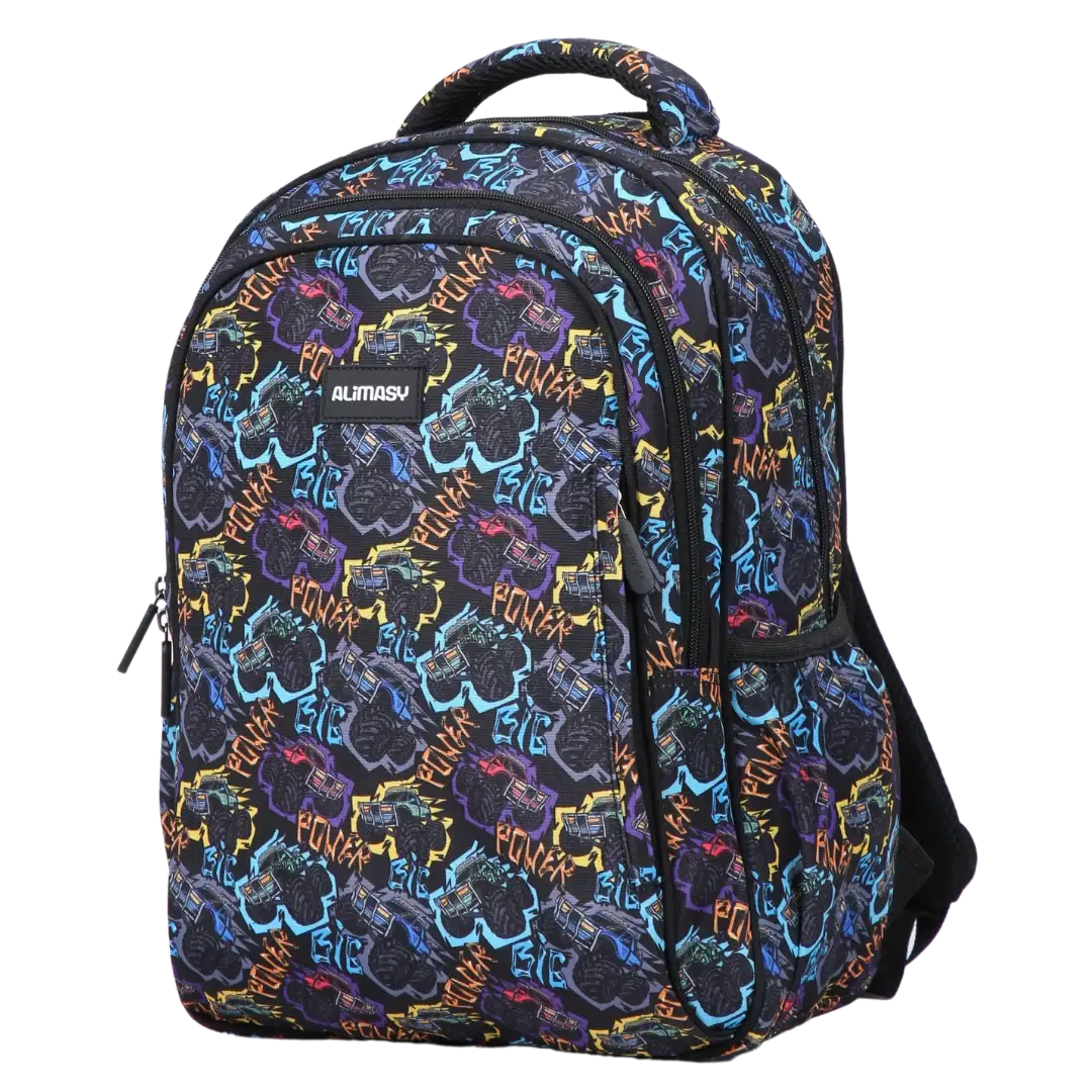 Kids School Backpack with Monster Truck Print, Two Large Compartments, Water-Resistant 600D Polyester and Padded Comfort