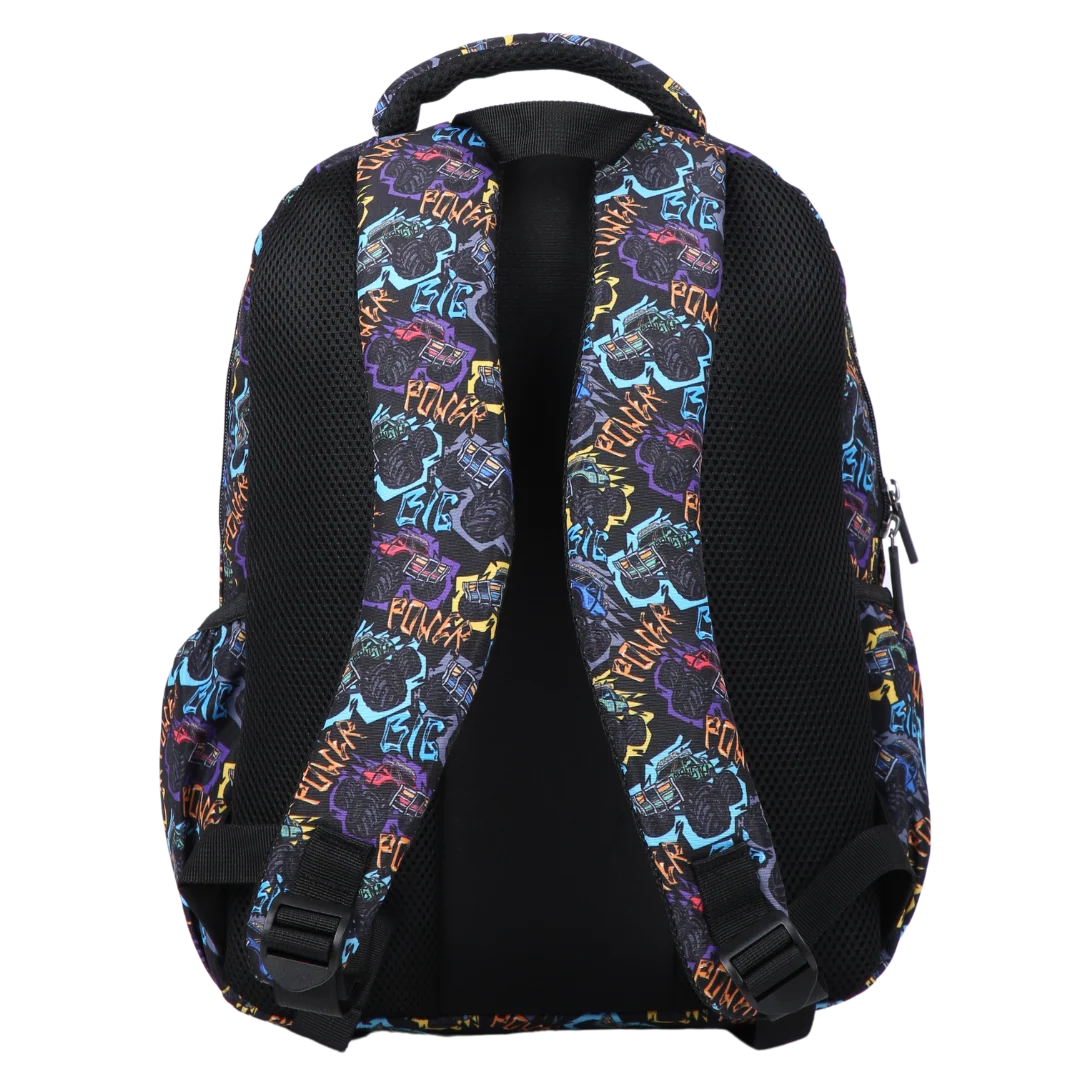 Kids School Backpack with Monster Truck Print, Two Large Compartments, Water-Resistant 600D Polyester and Padded Comfort