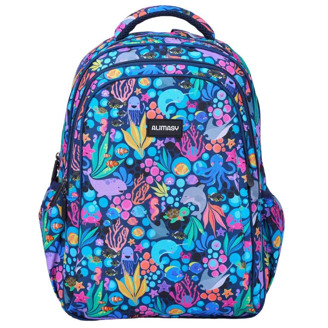 Kids School Backpack with Ocean Sealife Print, Two Zipped Compartments, Water-Resistant 600D Polyester and Padded Straps
