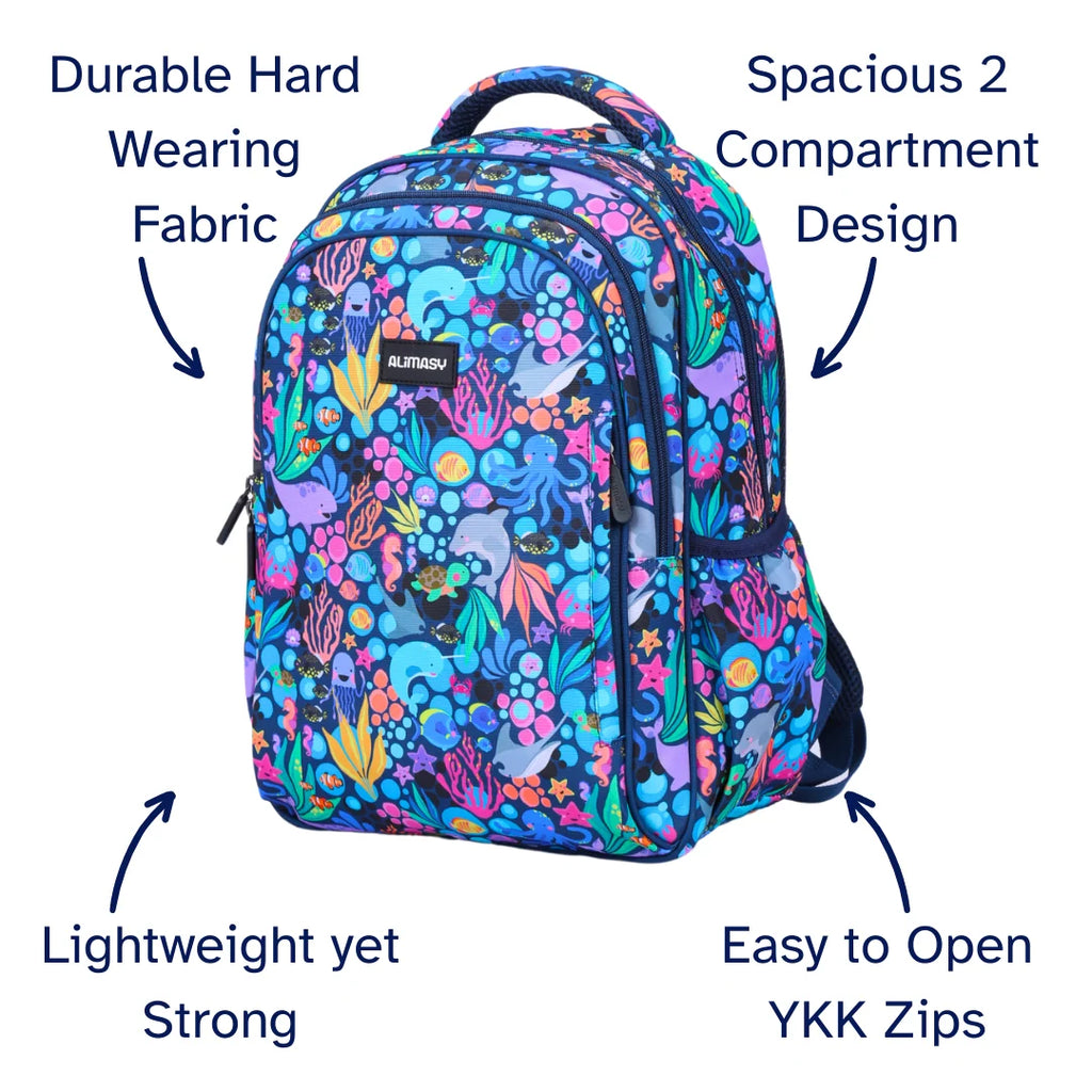 Kids School Backpack with Ocean Sealife Print, Two Zipped Compartments, Water-Resistant 600D Polyester and Padded Straps