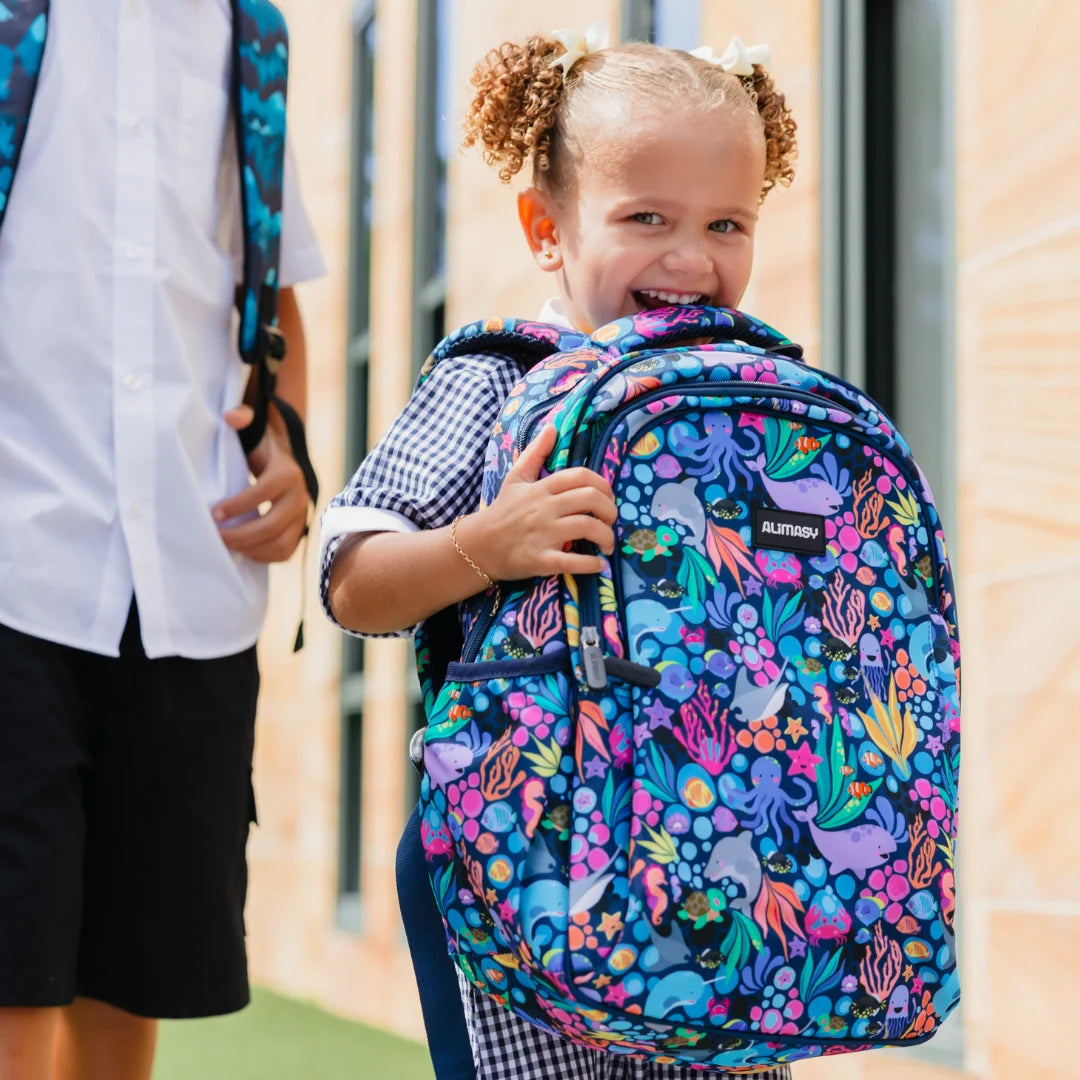 Kids School Backpack with Ocean Sealife Print, Two Zipped Compartments, Water-Resistant 600D Polyester and Padded Straps