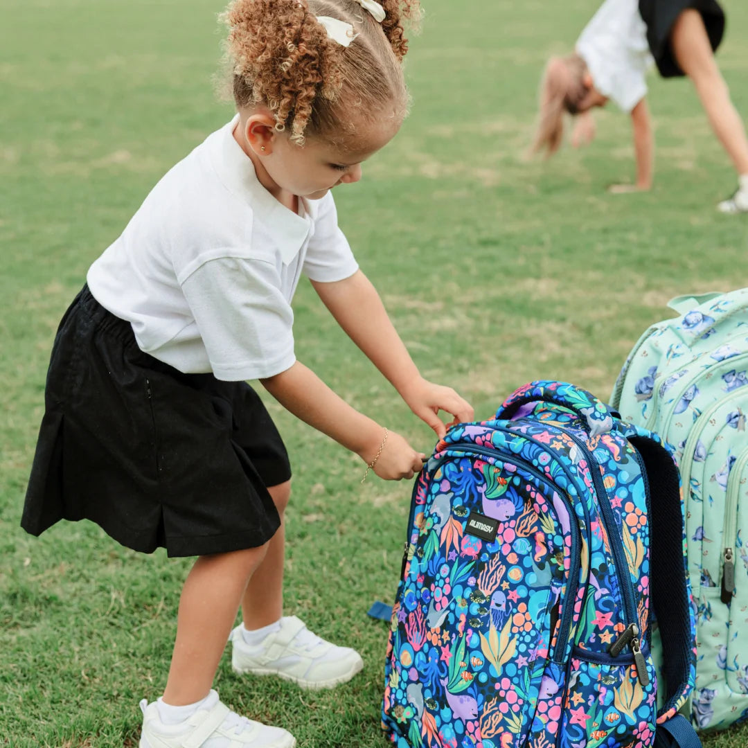 Kids School Backpack with Ocean Sealife Print, Two Zipped Compartments, Water-Resistant 600D Polyester and Padded Straps