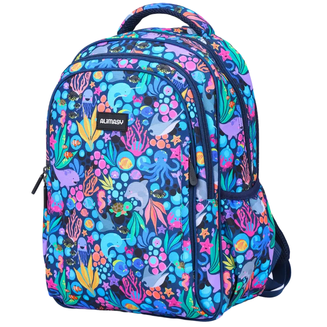 Kids School Backpack with Ocean Sealife Print, Two Zipped Compartments, Water-Resistant 600D Polyester and Padded Straps