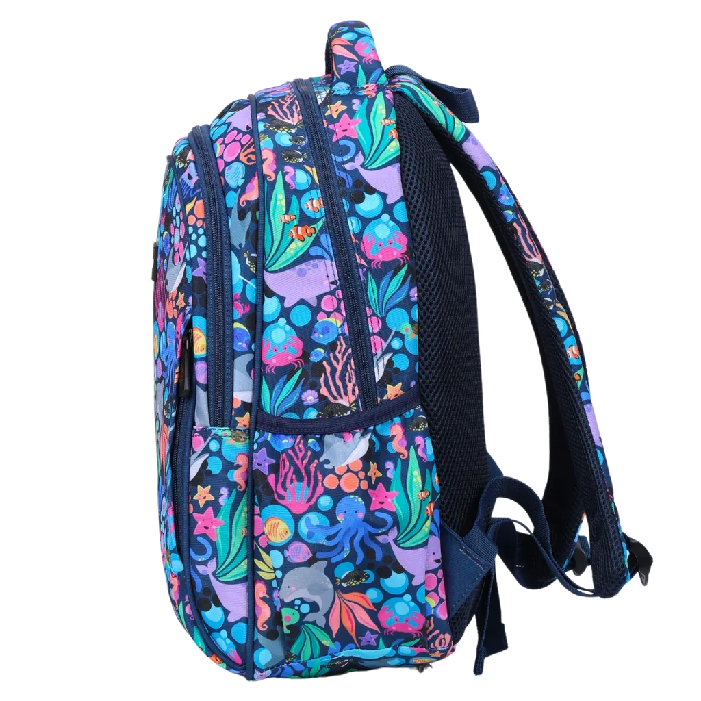 Kids School Backpack with Ocean Sealife Print, Two Zipped Compartments, Water-Resistant 600D Polyester and Padded Straps