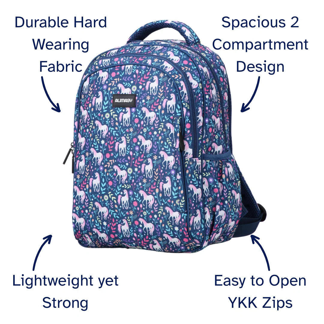 Kids School Backpack with Unicorn Print, Two Large Compartments, Water-Resistant 600D Polyester and Ergonomic Padded Suppo