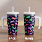 Kids Stainless Steel Tumbler with Handle, Spill-Proof Straw Lid, 20 oz Gamer Design and Cleaning Brush