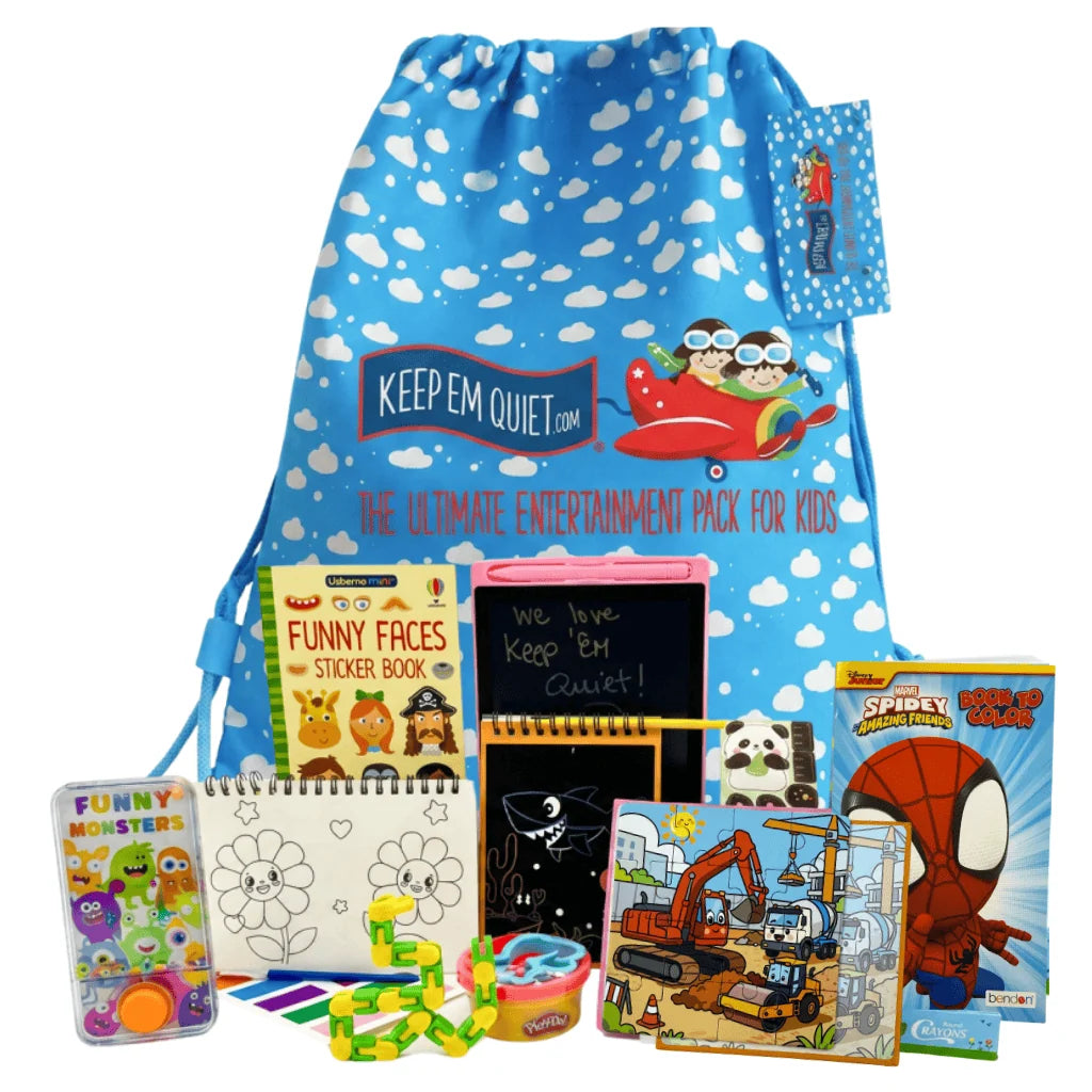Kids Travel Activity Pack with 9 Entertainment Items, Crayons and Reusable Rucksack for Trips