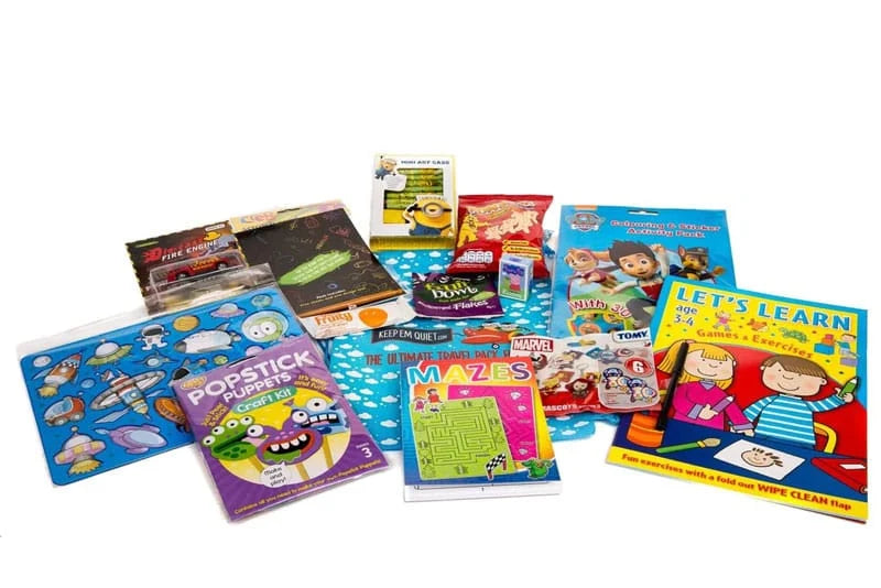 Kids Travel Activity Pack with 9 Entertainment Items, Crayons and Reusable Rucksack for Trips