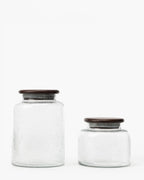 Kitchen Canister with Dark Wood Lid and Seeded Glass Design for Countertop or Open Shelf Storage