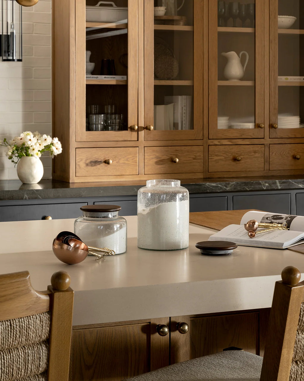 Kitchen Canister with Dark Wood Lid and Seeded Glass Design for Countertop or Open Shelf Storage