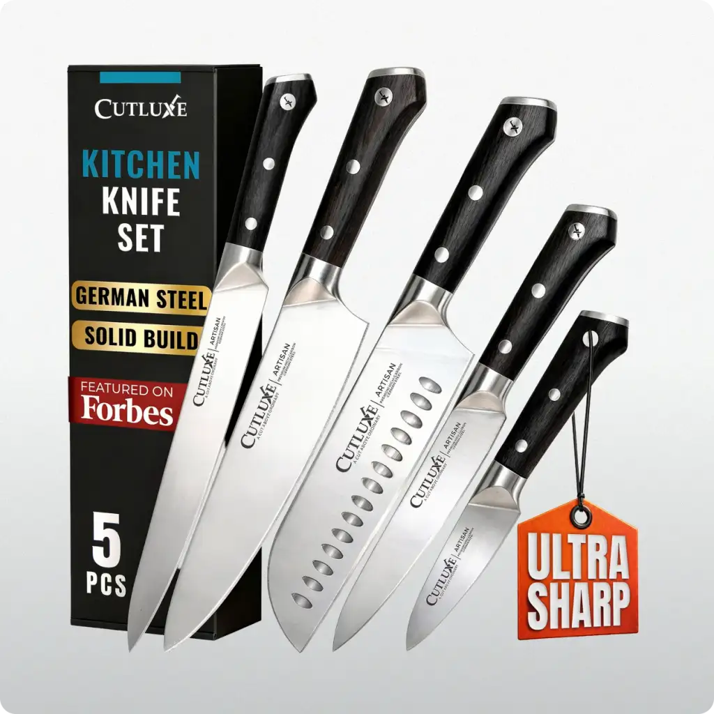 Kitchen Knife Set, 5-Piece High-Carbon German Steel Collection with Triple-Riveted Pakkawood Handles