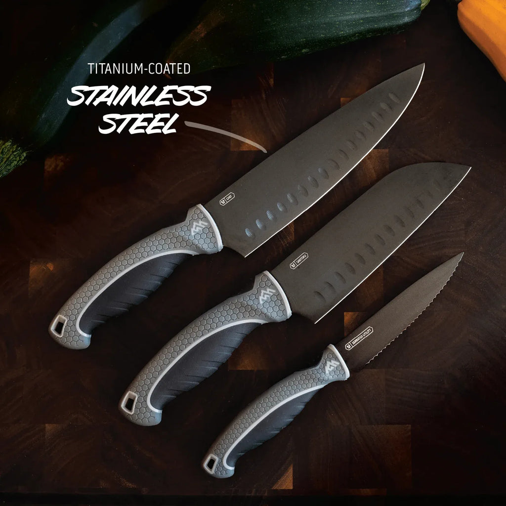 Kitchen Knife Set with Three Black Titanium-Coated Blades and Soft-Touch Handles for Everyday Food Prep