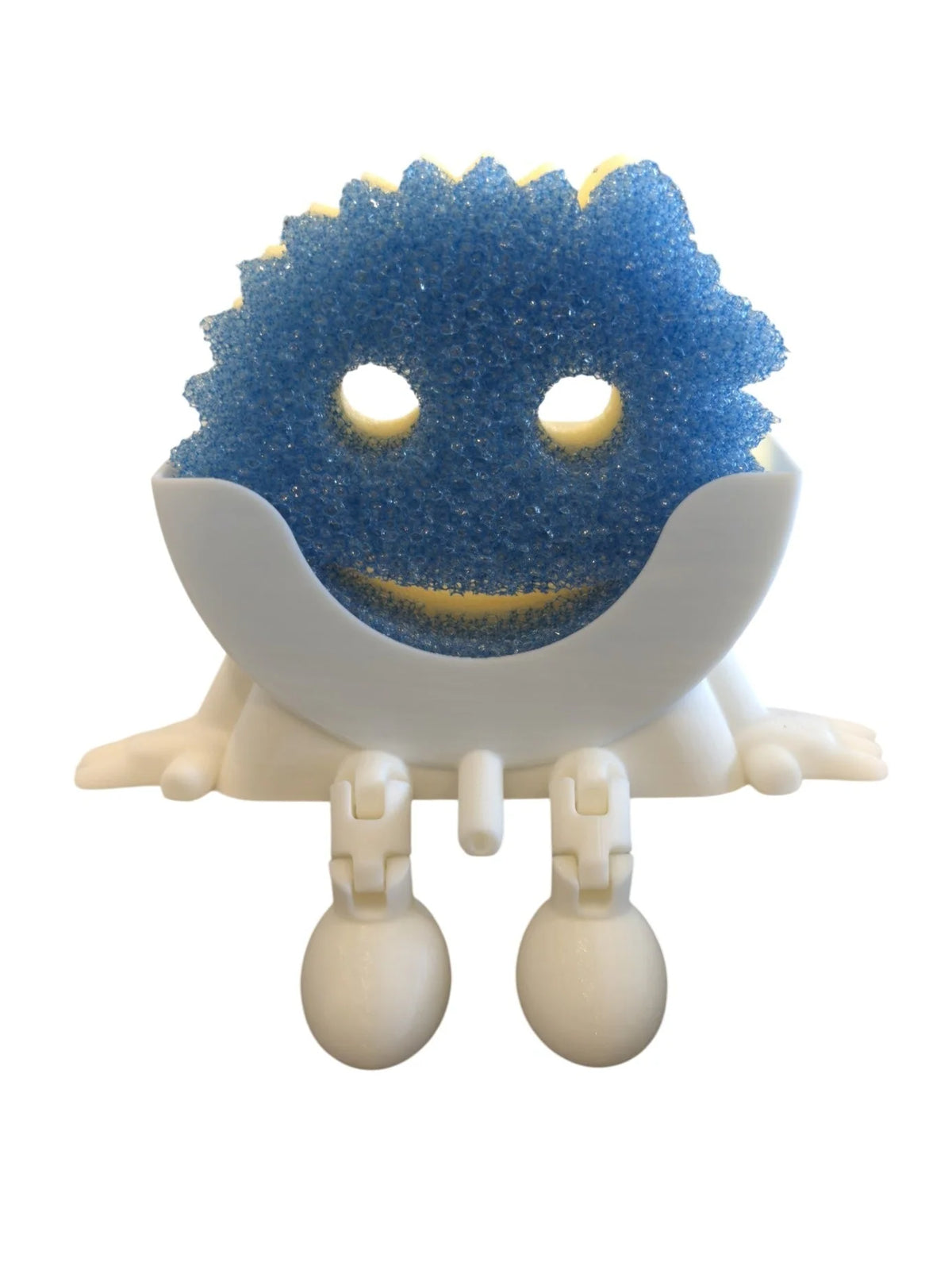 Kitchen Sponge Holder with Articulated Dangling Legs and a Front Drainage Spout for Sink-Side Storage