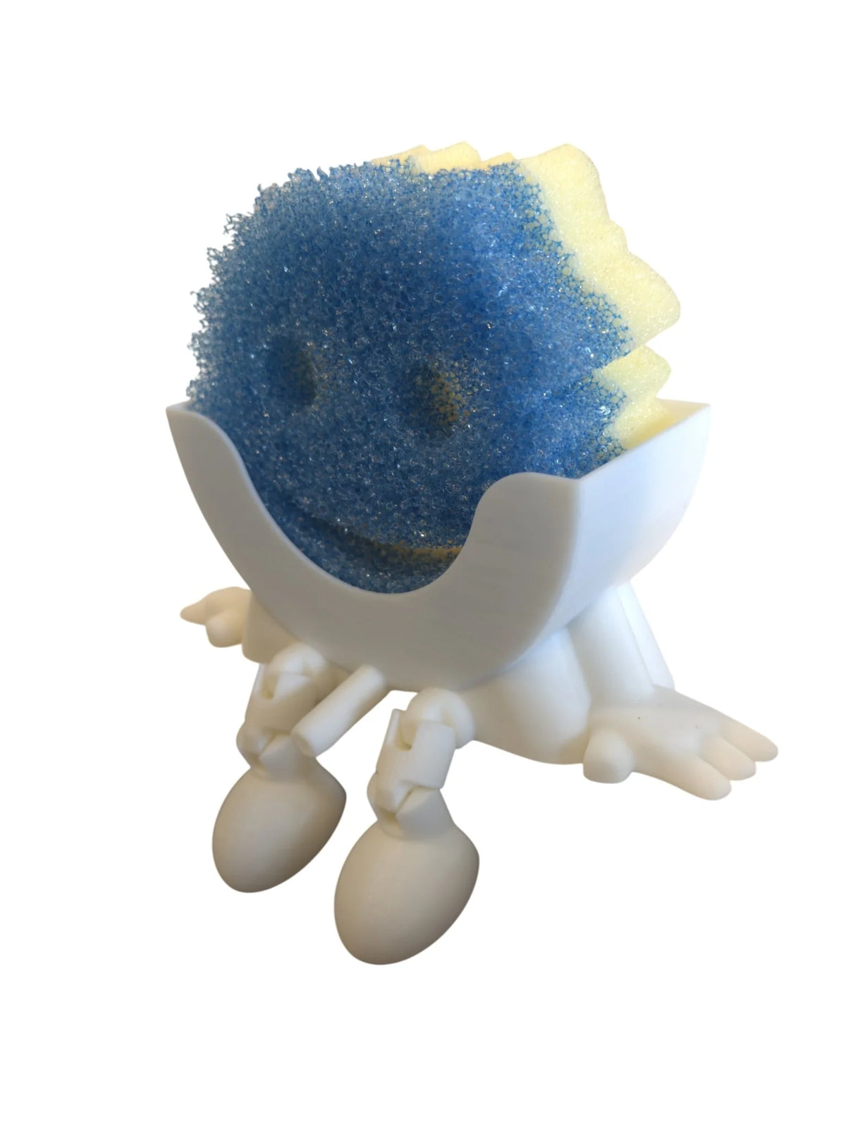 Kitchen Sponge Holder with Articulated Dangling Legs and a Front Drainage Spout for Sink-Side Storage