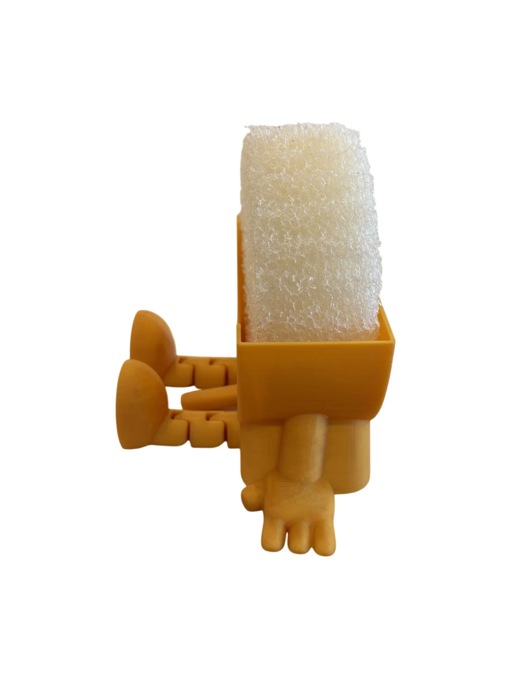 Kitchen Sponge Holder with Articulated Dangling Legs and a Front Drainage Spout for Sink-Side Storage