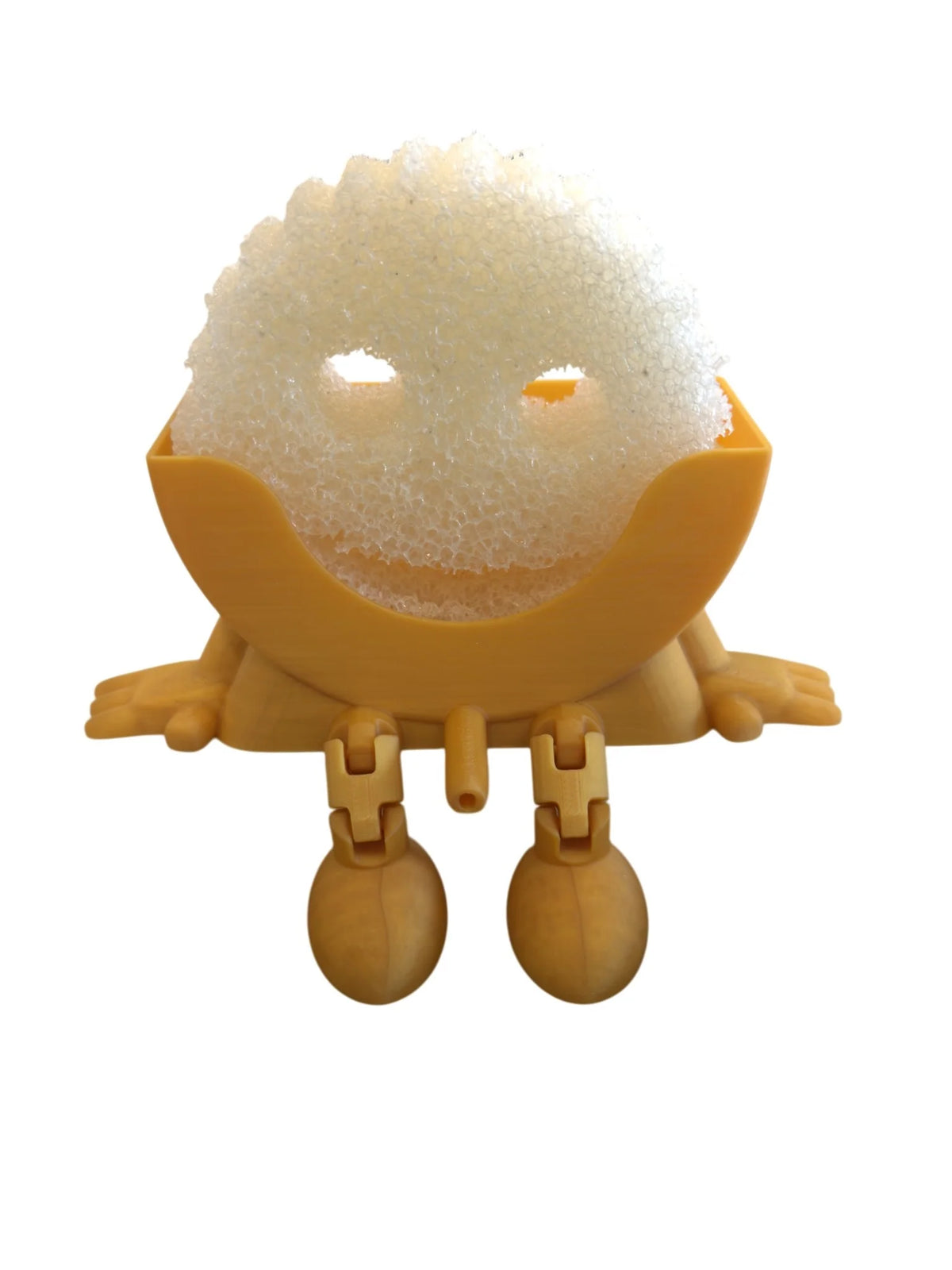 Kitchen Sponge Holder with Articulated Dangling Legs and a Front Drainage Spout for Sink-Side Storage