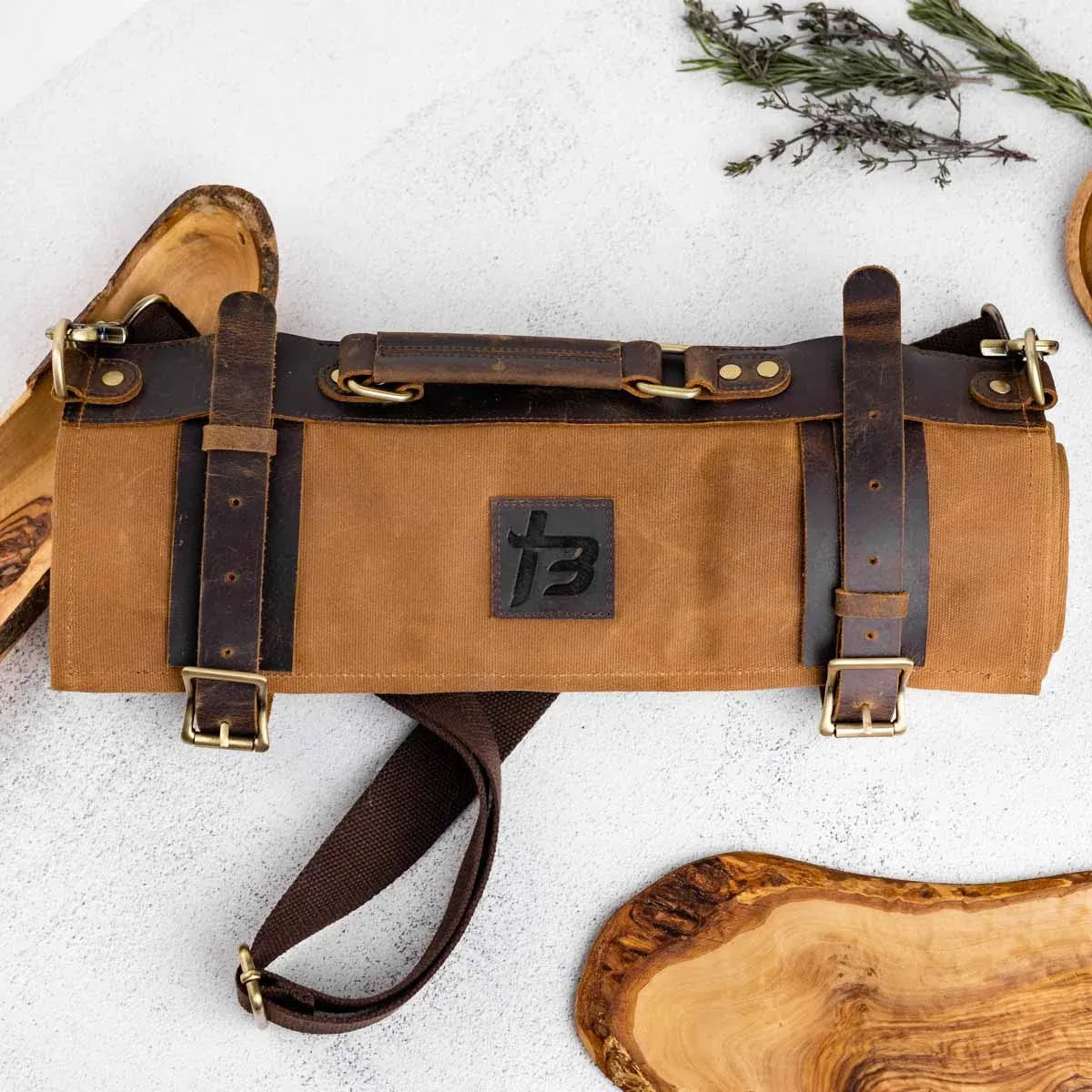 Knife Roll in Heavy Duty Waxed Canvas and Top Grain Leather for Carrying Up to 10 Kitchen Knives