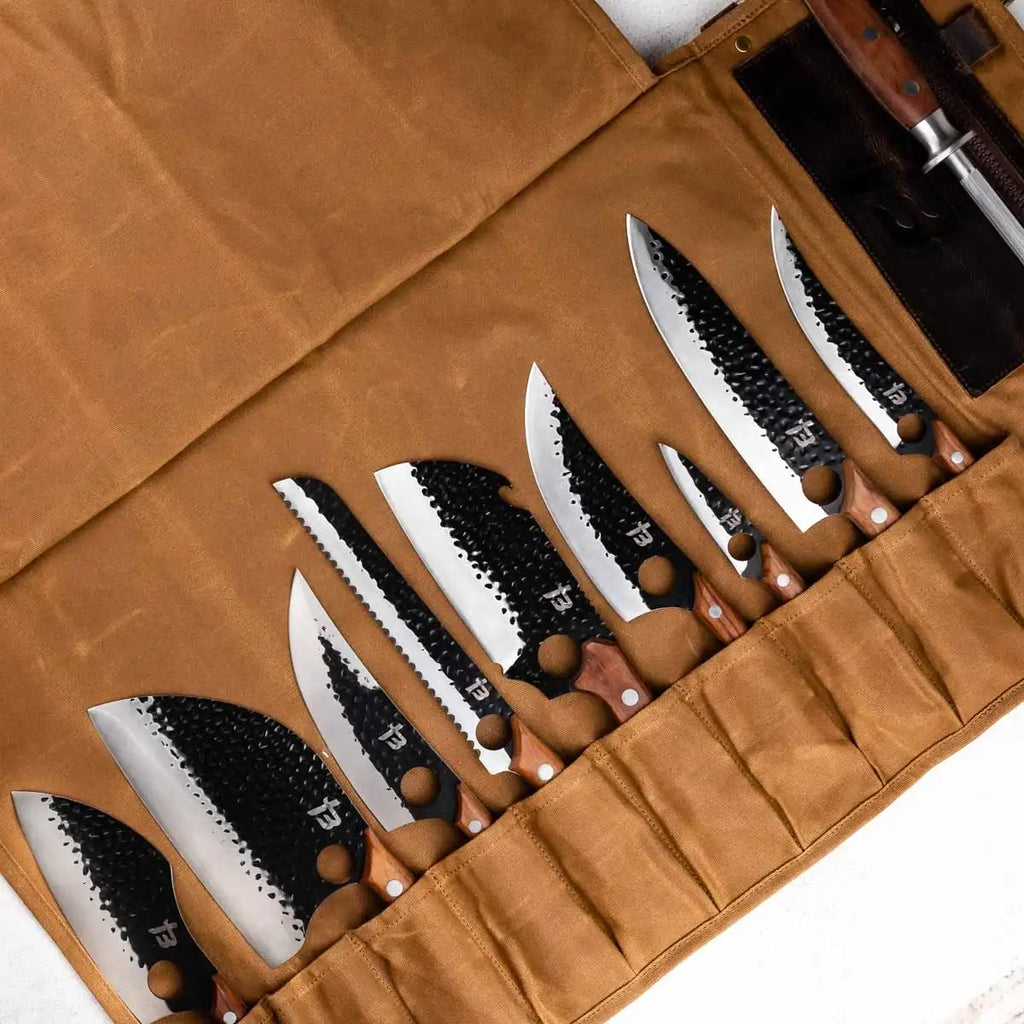 Knife Roll in Heavy Duty Waxed Canvas and Top Grain Leather for Carrying Up to 10 Kitchen Knives