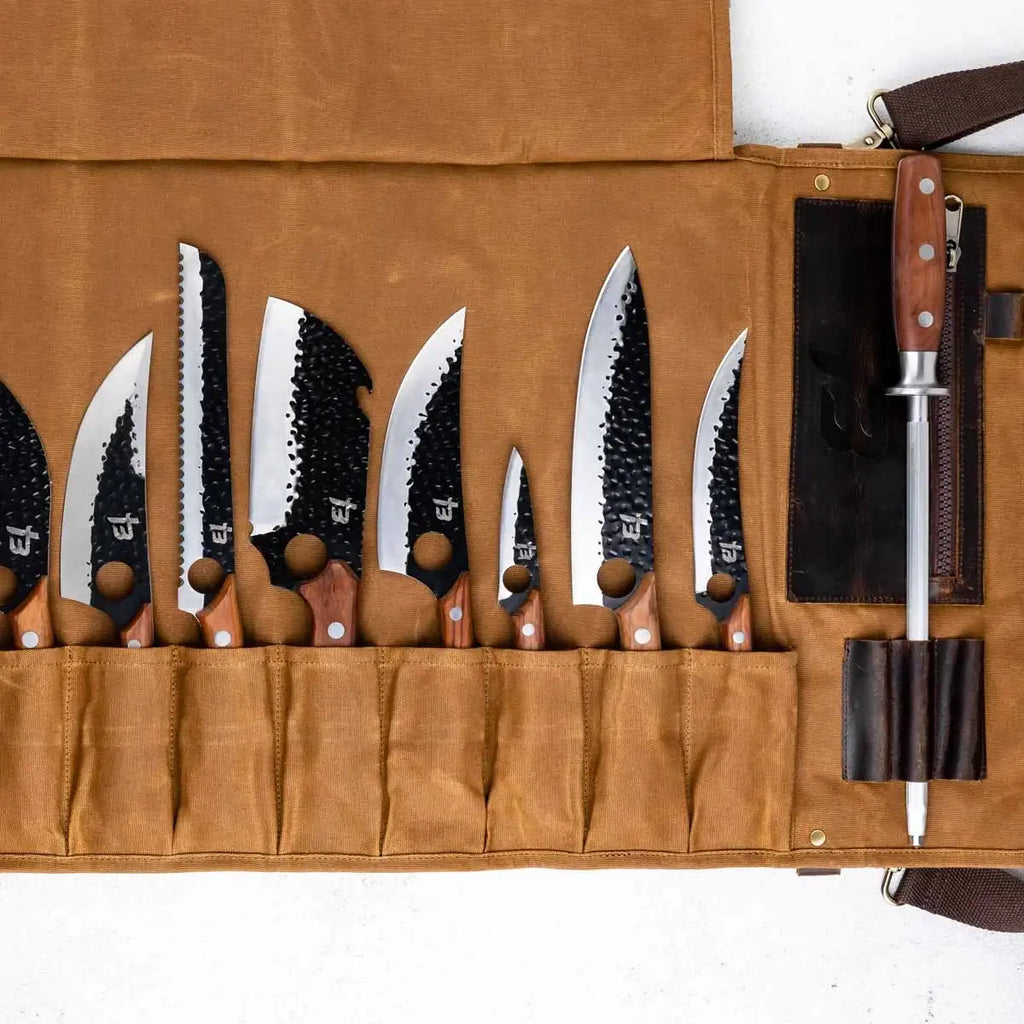 Knife Roll in Heavy Duty Waxed Canvas and Top Grain Leather for Carrying Up to 10 Kitchen Knives