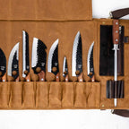 Knife Roll in Heavy Duty Waxed Canvas and Top Grain Leather for Carrying Up to 10 Kitchen Knives