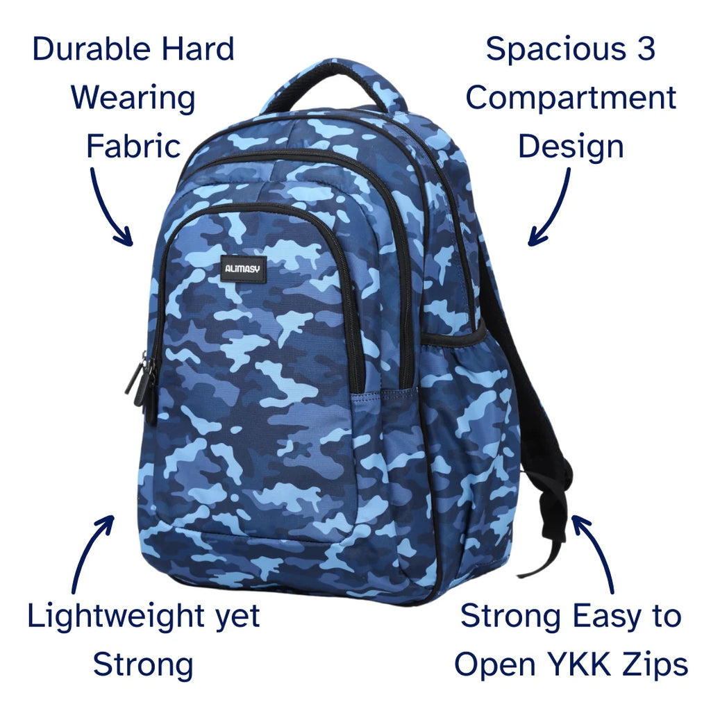 Large Blue Camouflage School Backpack with Three Zipped Compartments, Laptop Pocket and Padded Ergonomic Carry System