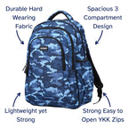 Large Blue Camouflage School Backpack with Three Zipped Compartments, Laptop Pocket and Padded Ergonomic Carry System