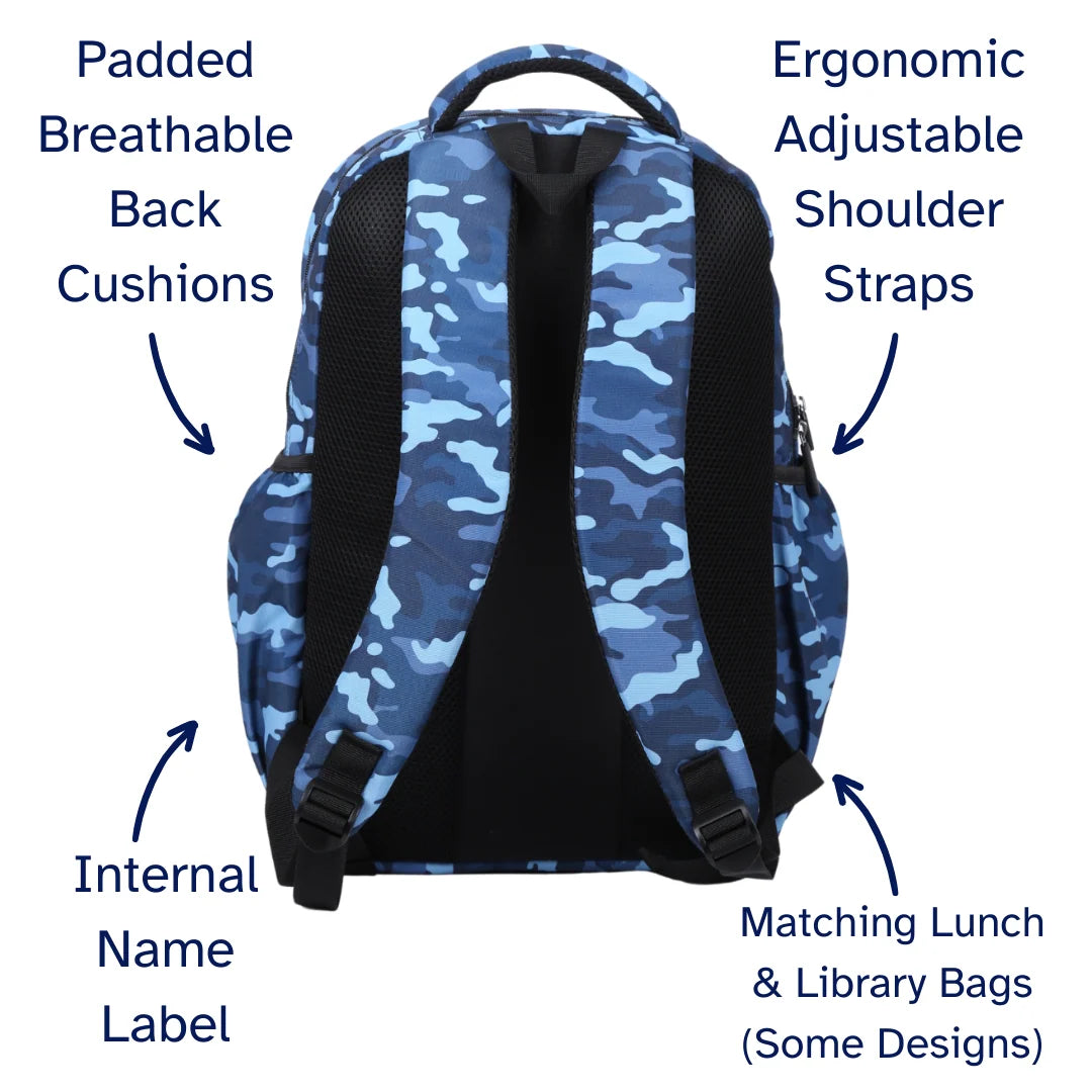 Large Blue Camouflage School Backpack with Three Zipped Compartments, Laptop Pocket and Padded Ergonomic Carry System