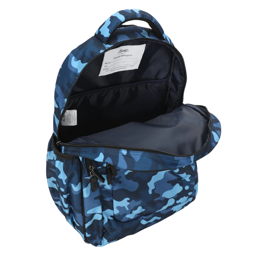 Large Blue Camouflage School Backpack with Three Zipped Compartments, Laptop Pocket and Padded Ergonomic Carry System