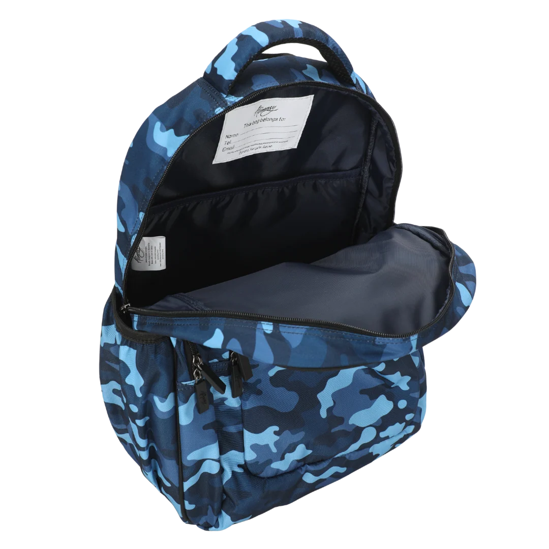 Large Blue Camouflage School Backpack with Three Zipped Compartments, Laptop Pocket and Padded Ergonomic Carry System