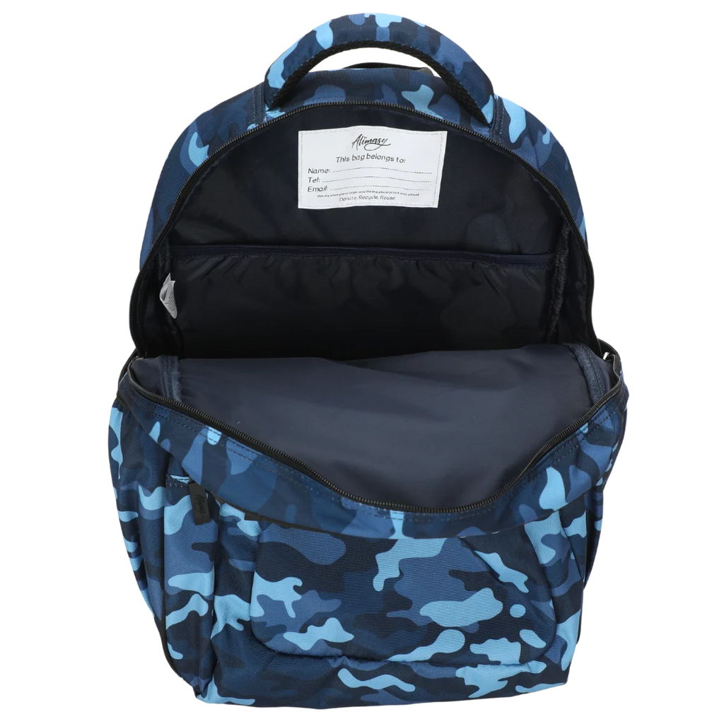 Large Blue Camouflage School Backpack with Three Zipped Compartments, Laptop Pocket and Padded Ergonomic Carry System