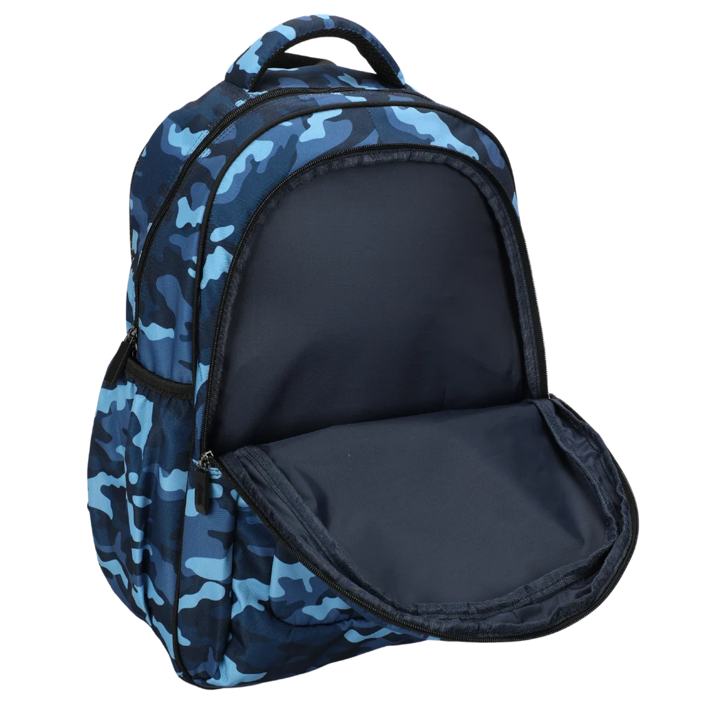Large Blue Camouflage School Backpack with Three Zipped Compartments, Laptop Pocket and Padded Ergonomic Carry System
