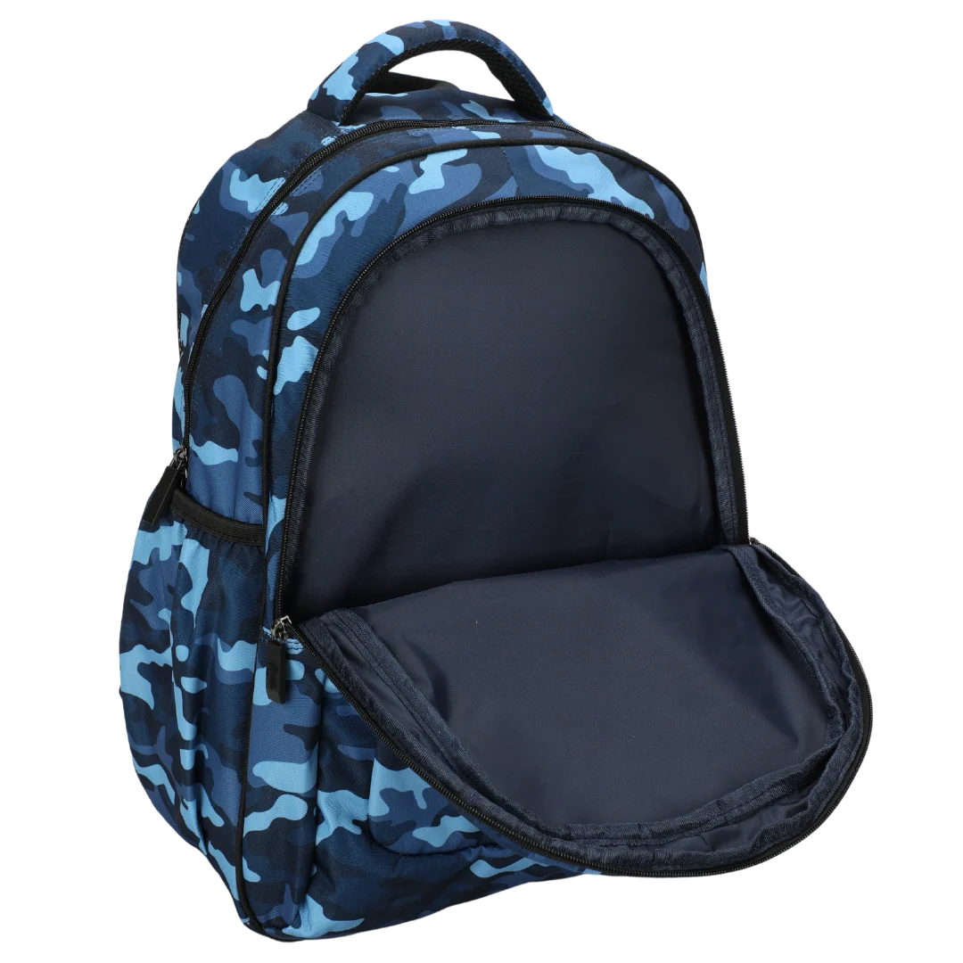Large Blue Camouflage School Backpack with Three Zipped Compartments, Laptop Pocket and Padded Ergonomic Carry System