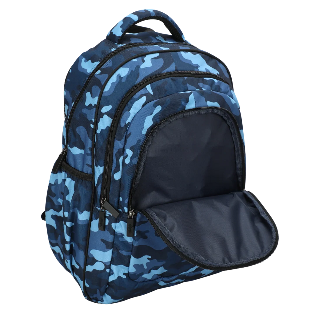 Large Blue Camouflage School Backpack with Three Zipped Compartments, Laptop Pocket and Padded Ergonomic Carry System