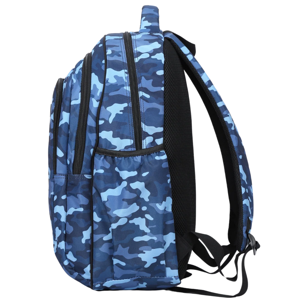Large Blue Camouflage School Backpack with Three Zipped Compartments, Laptop Pocket and Padded Ergonomic Carry System
