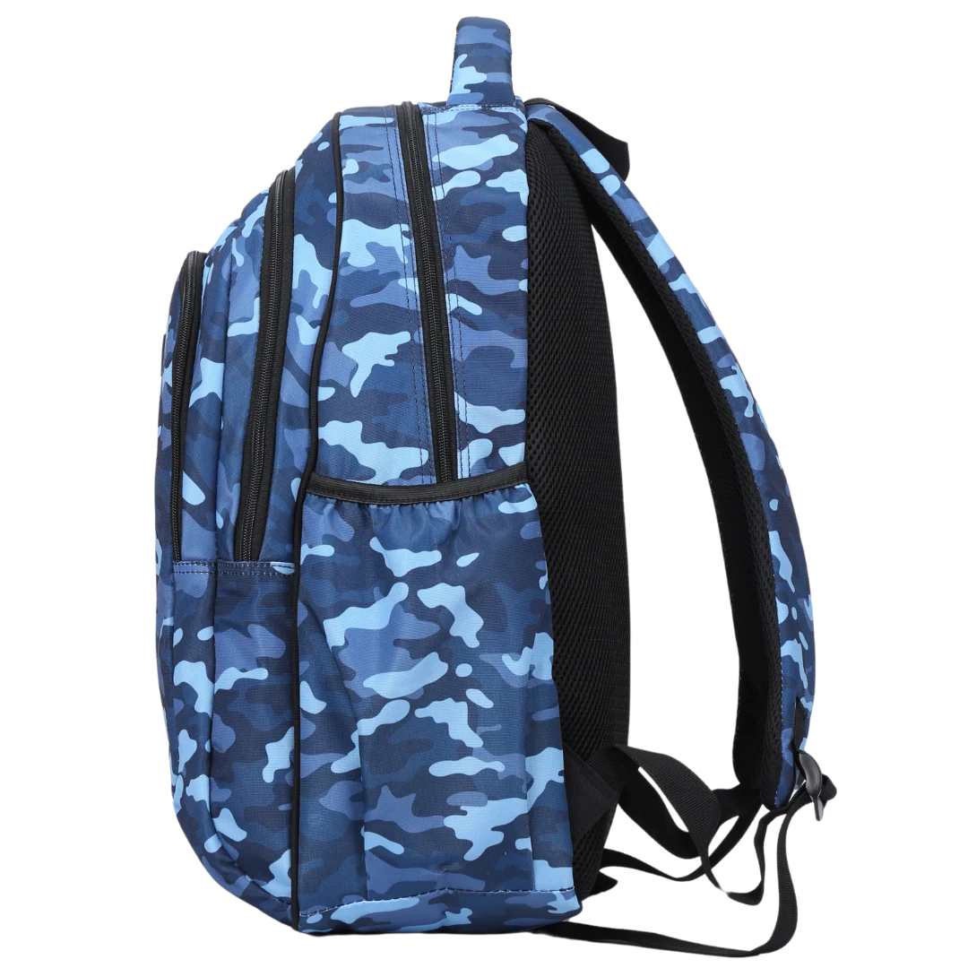 Large Blue Camouflage School Backpack with Three Zipped Compartments, Laptop Pocket and Padded Ergonomic Carry System