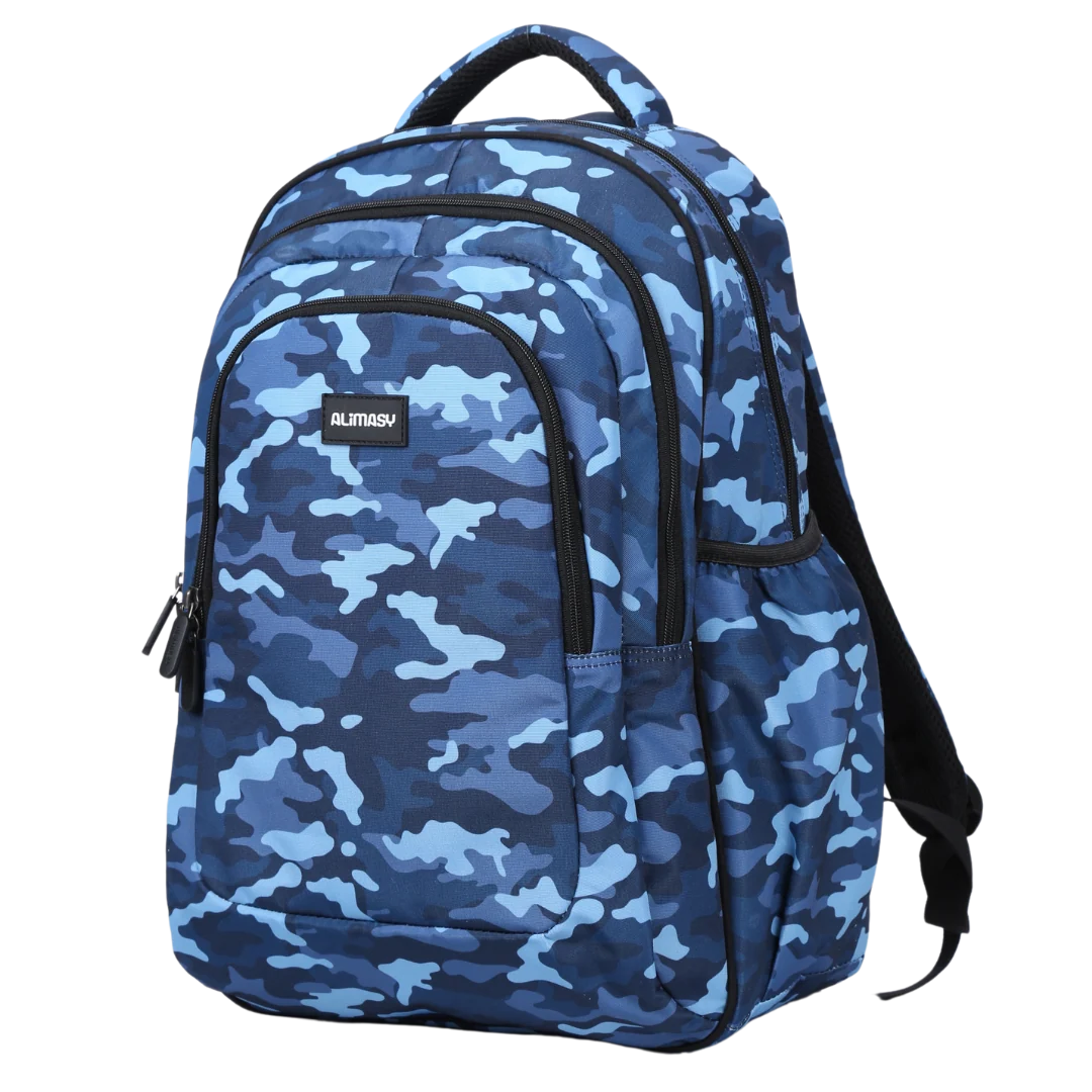 Large Blue Camouflage School Backpack with Three Zipped Compartments, Laptop Pocket and Padded Ergonomic Carry System