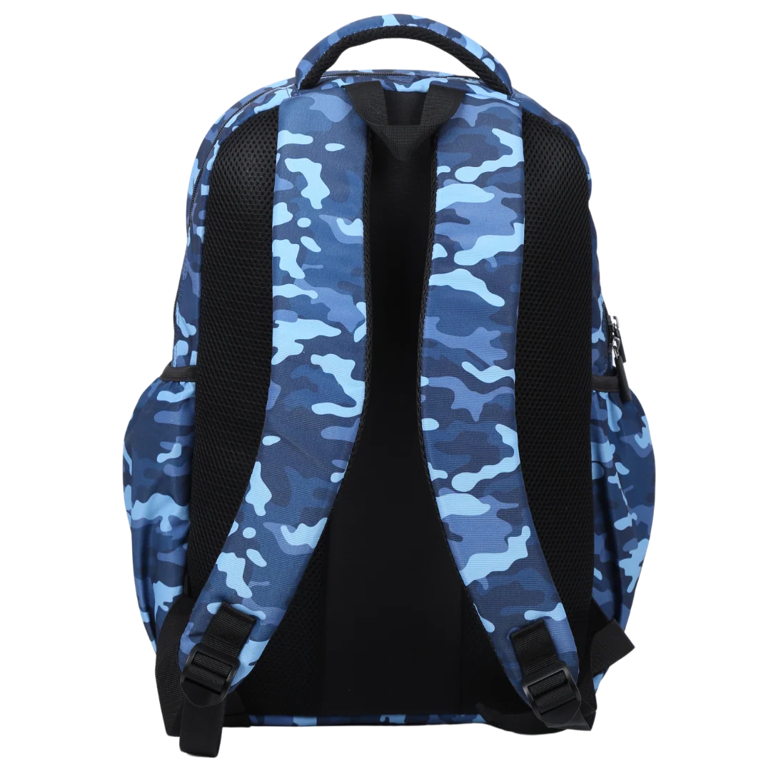 Large Blue Camouflage School Backpack with Three Zipped Compartments, Laptop Pocket and Padded Ergonomic Carry System