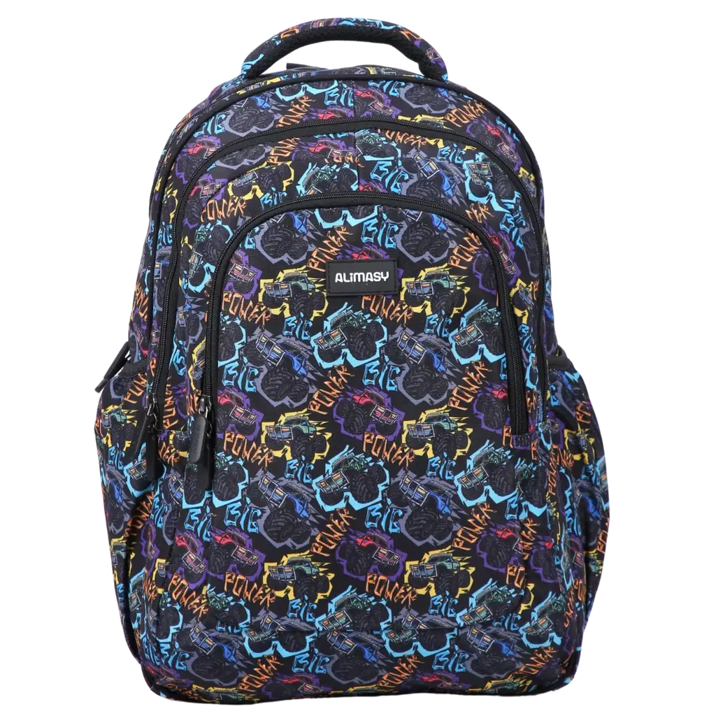 Large School Backpack with Monster Truck Print, Three Zipped Compartments, Laptop Pocket and Water-Resistant 600D Outer
