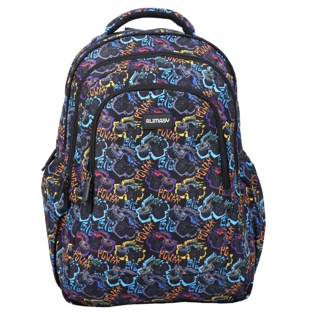 Large School Backpack with Monster Truck Print, Three Zipped Compartments, Laptop Pocket and Water-Resistant 600D Outer