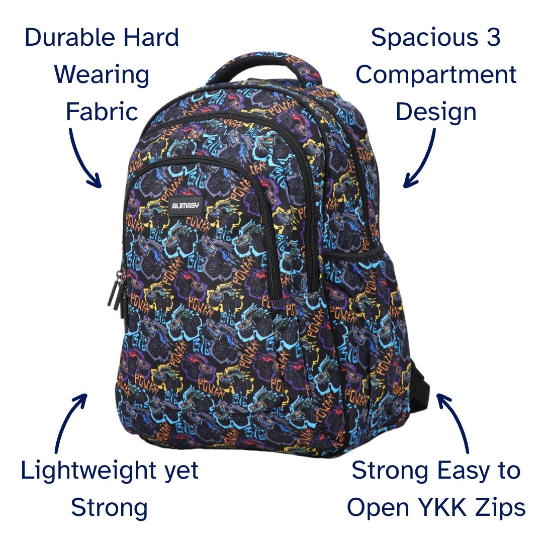 Large School Backpack with Monster Truck Print, Three Zipped Compartments, Laptop Pocket and Water-Resistant 600D Outer