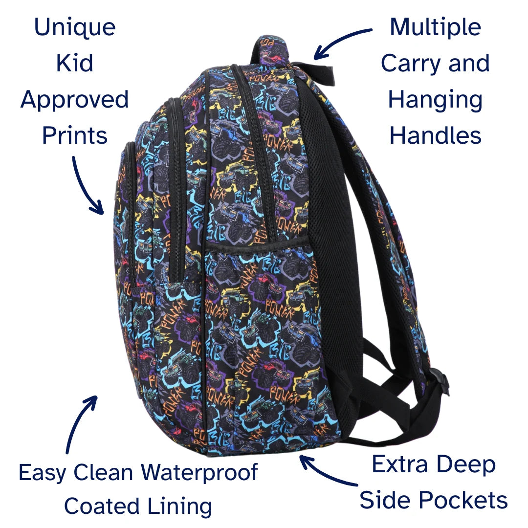 Large School Backpack with Monster Truck Print, Three Zipped Compartments, Laptop Pocket and Water-Resistant 600D Outer