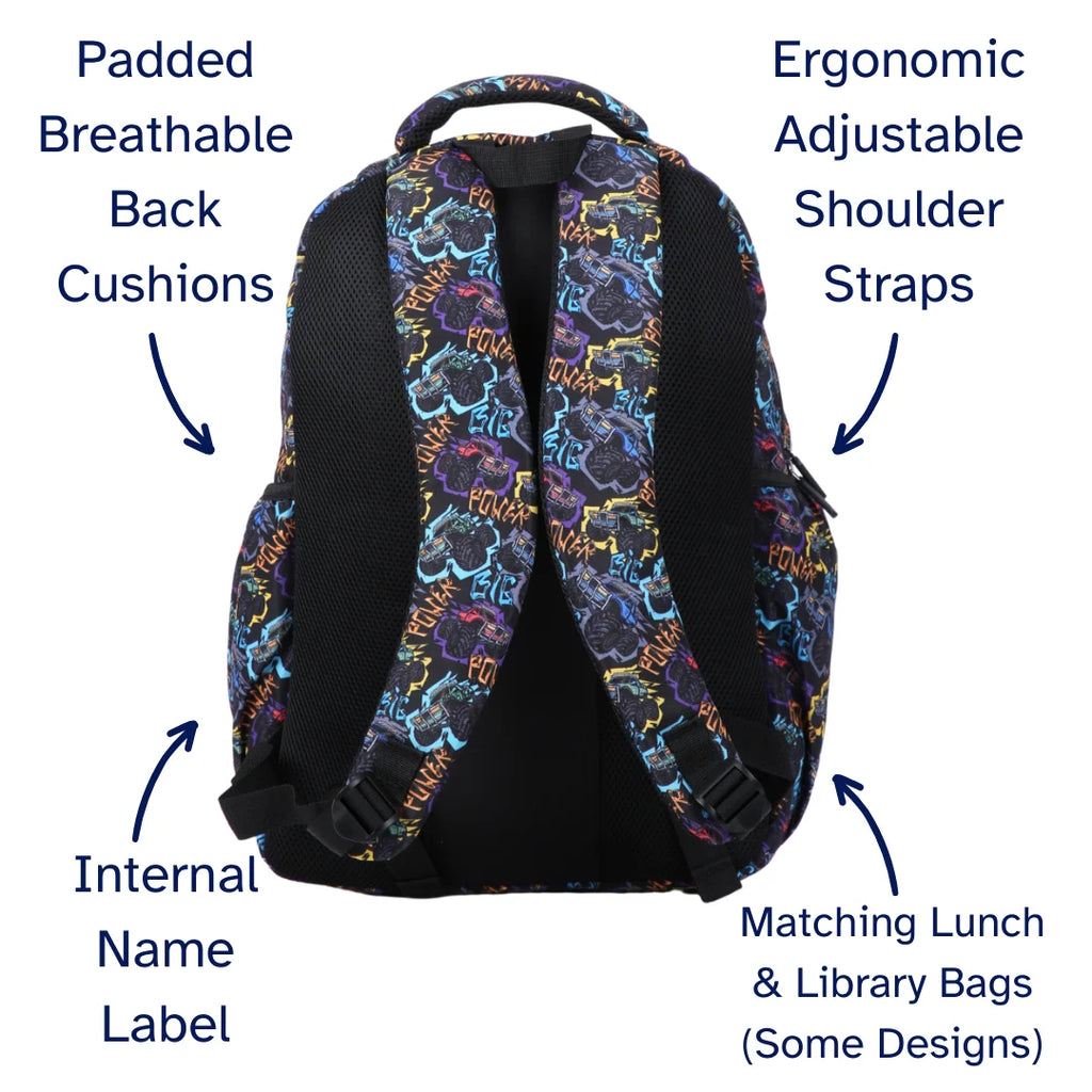 Large School Backpack with Monster Truck Print, Three Zipped Compartments, Laptop Pocket and Water-Resistant 600D Outer