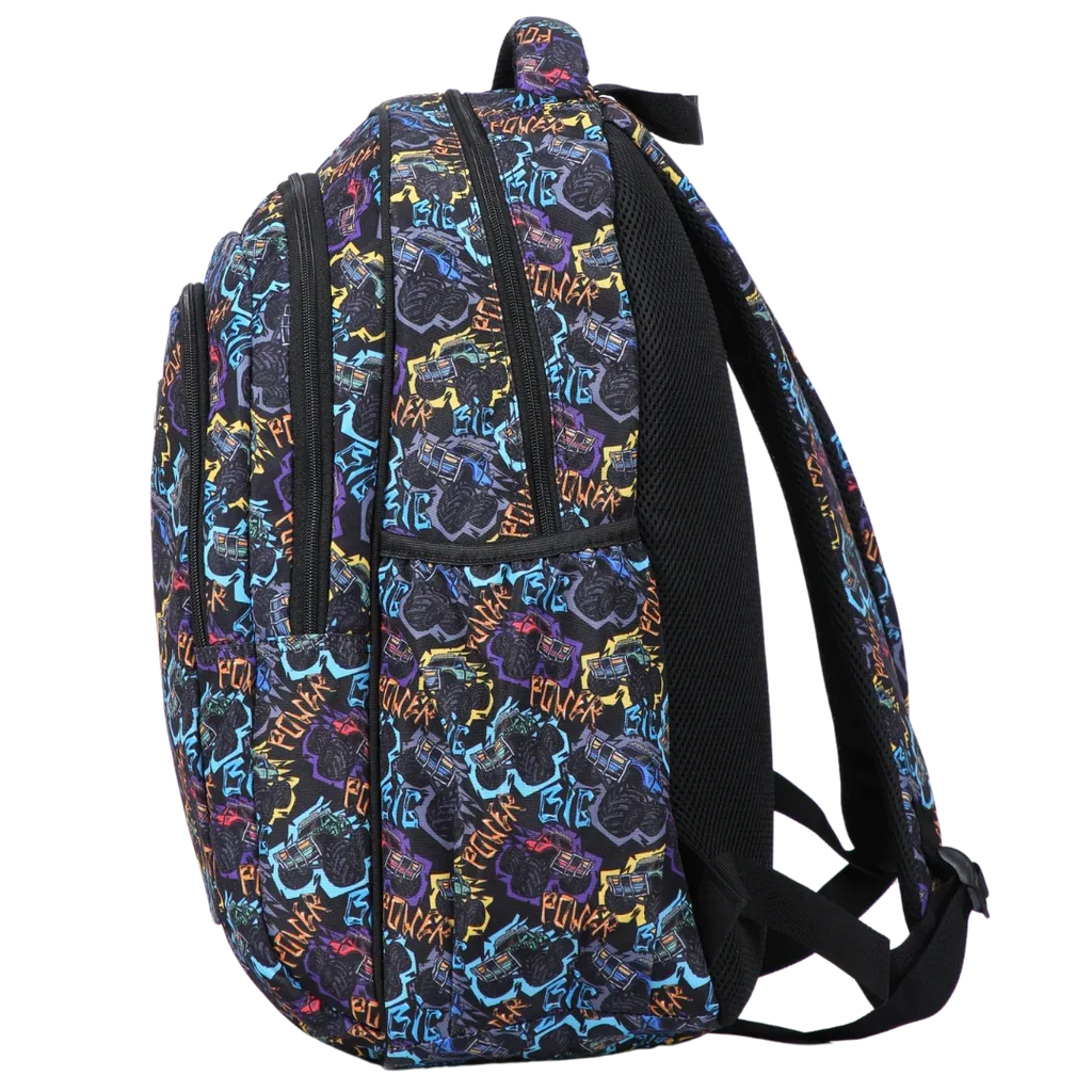 Large School Backpack with Monster Truck Print, Three Zipped Compartments, Laptop Pocket and Water-Resistant 600D Outer