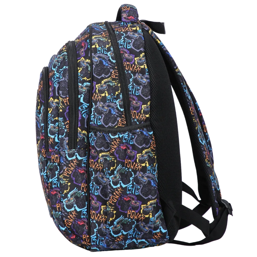 Large School Backpack with Monster Truck Print, Three Zipped Compartments, Laptop Pocket and Water-Resistant 600D Outer