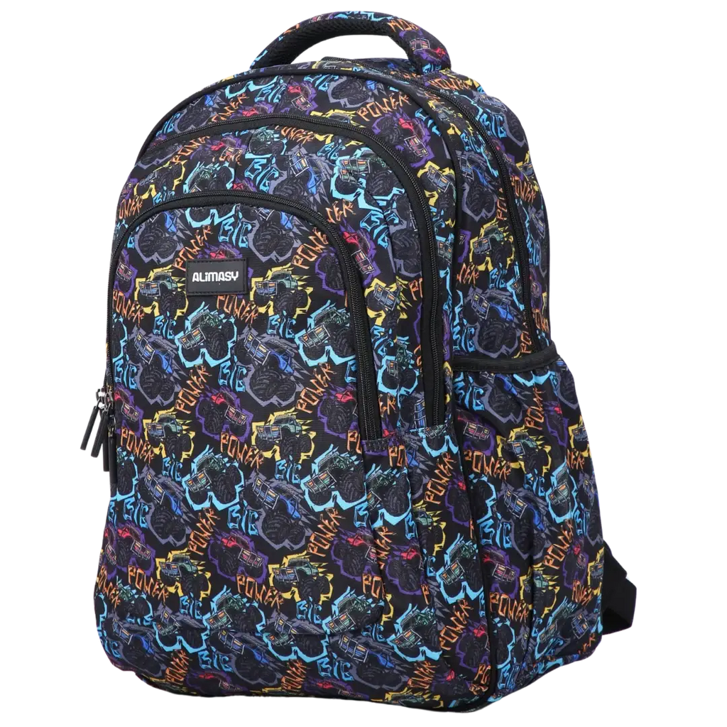 Large School Backpack with Monster Truck Print, Three Zipped Compartments, Laptop Pocket and Water-Resistant 600D Outer