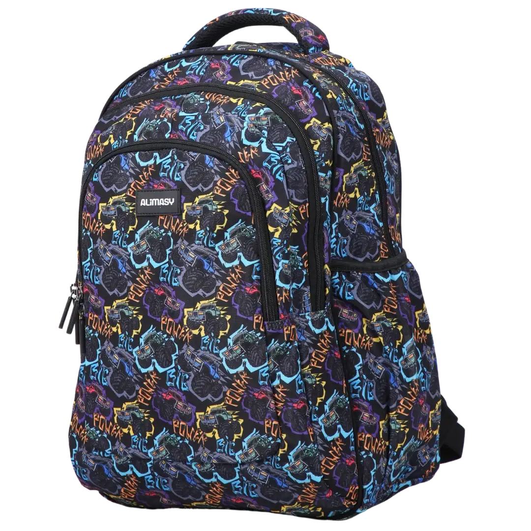 Large School Backpack with Monster Truck Print, Three Zipped Compartments, Laptop Pocket and Water-Resistant 600D Outer