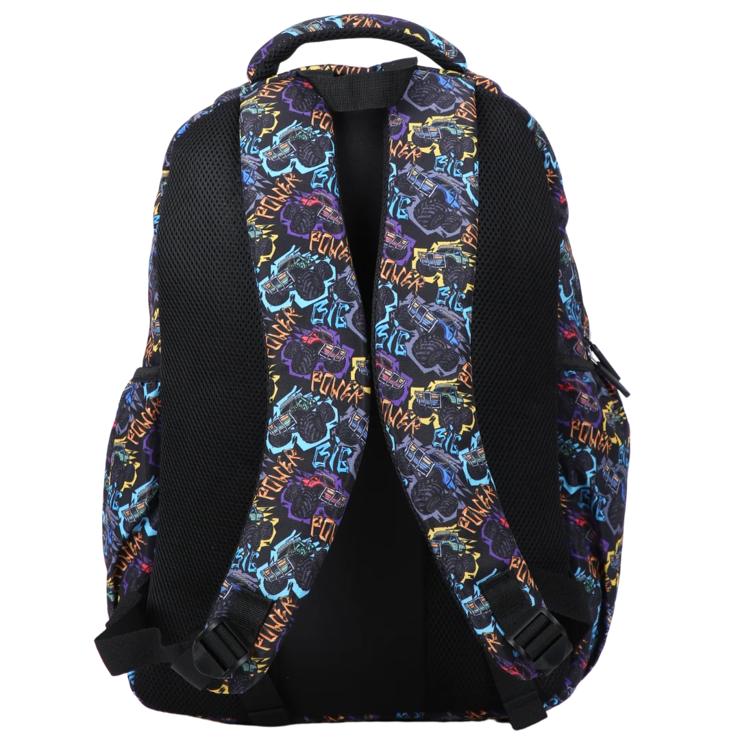 Large School Backpack with Monster Truck Print, Three Zipped Compartments, Laptop Pocket and Water-Resistant 600D Outer