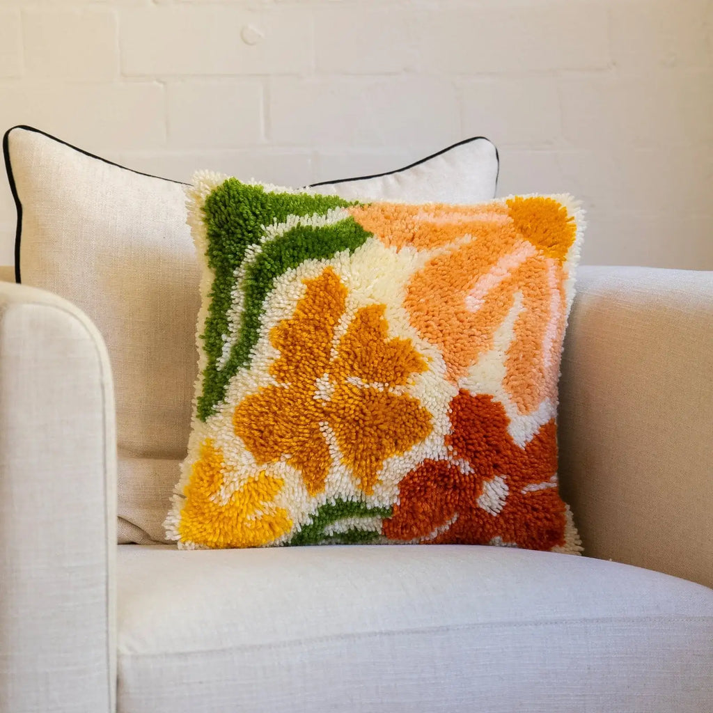 Latch Hook Cushion Kit with Earthy Floral Design, Pre-Sewn Suede-Style Backing and 43cm x 43cm Cushion Front